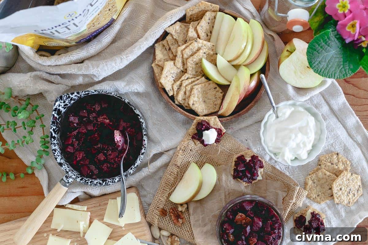 Serve this beet apple chutney with Crunchmaster crackers, your favorite cheese, yogurt, apple slices and nuts for a lovely winter appetizer spread.