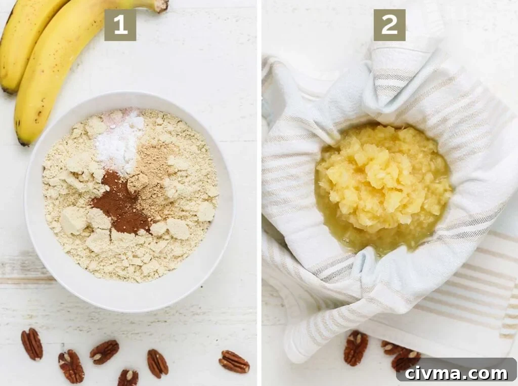 Step 1 shows mixing the dry ingredients, and step 2 shows draining the pineapple.