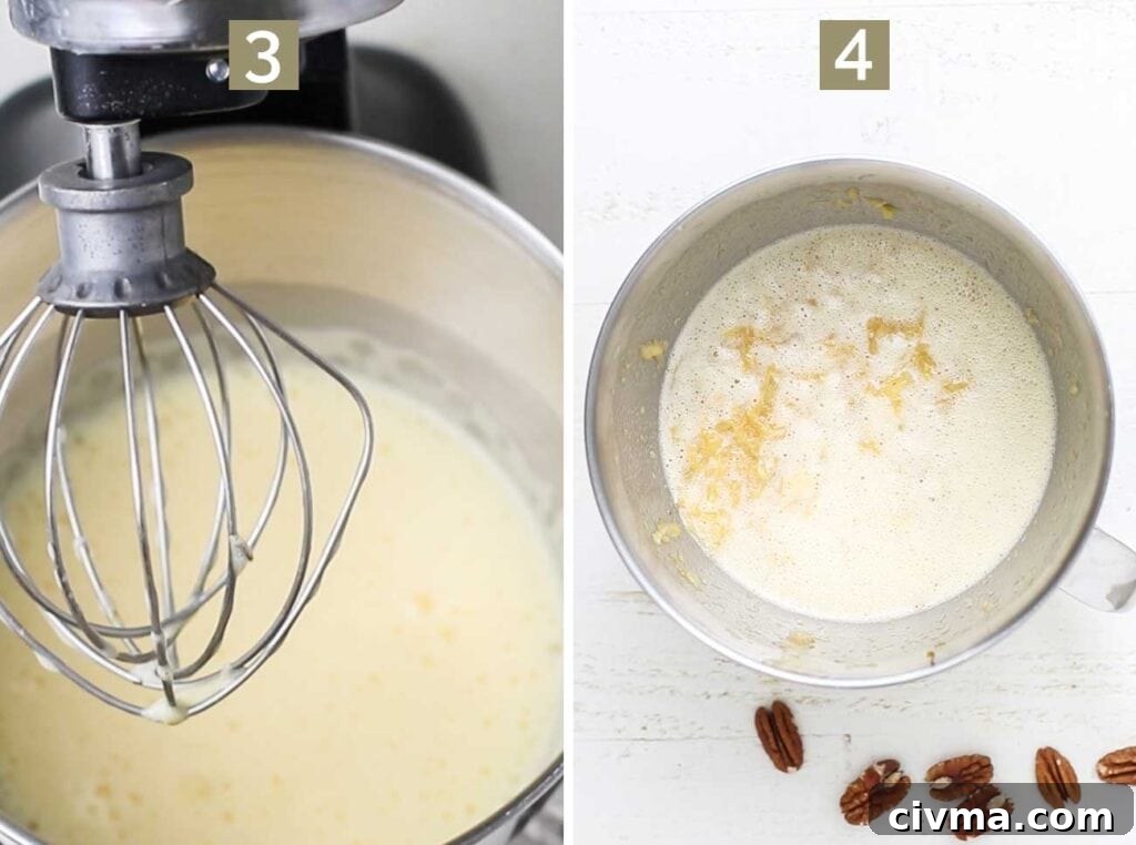 Step 3 shows whisking the eggs until foamy, and step 4 shows adding in rest of the wet ingredients in to the eggs.