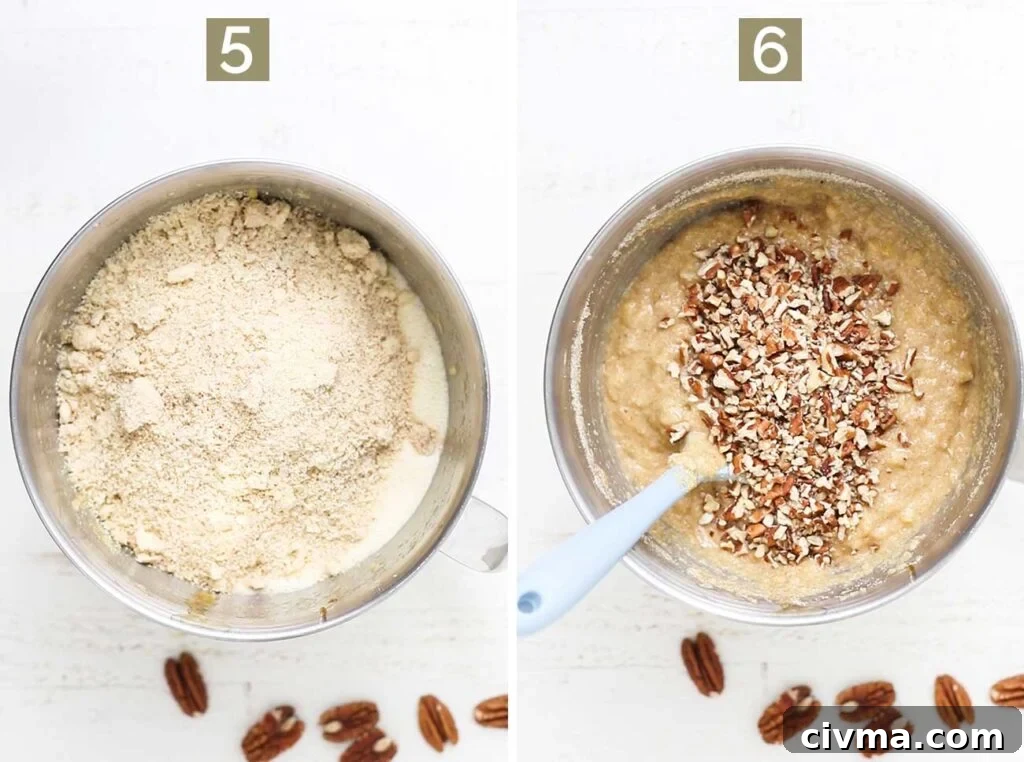 Step 5 shows adding the dry ingredients into the wet, and step 6 shows folding in chopped pecans.