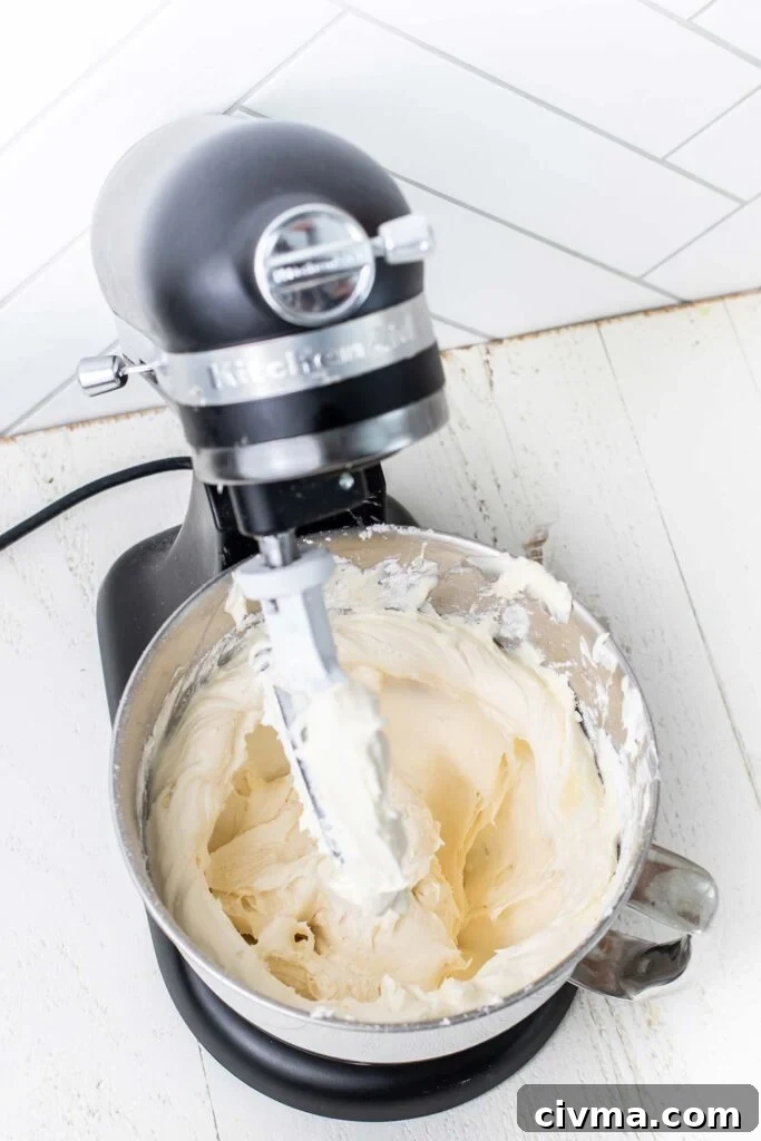 Cream cheese frosting made in a stand mixer.