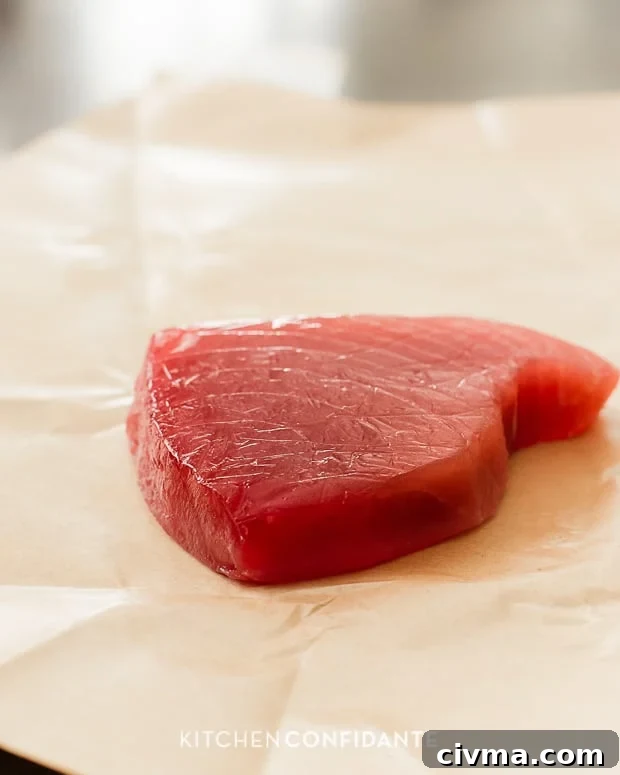 Raw Ahi Tuna A piece of raw fish.