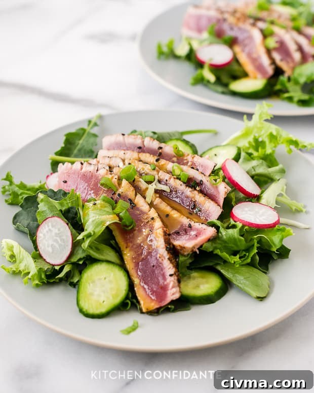 Seared Ahi Tuna Salad with Wasabi-Soy Dressing Slices of seared ahi tuna on salad greens with cucumbers, radishes, and wasabi-soy dressing.