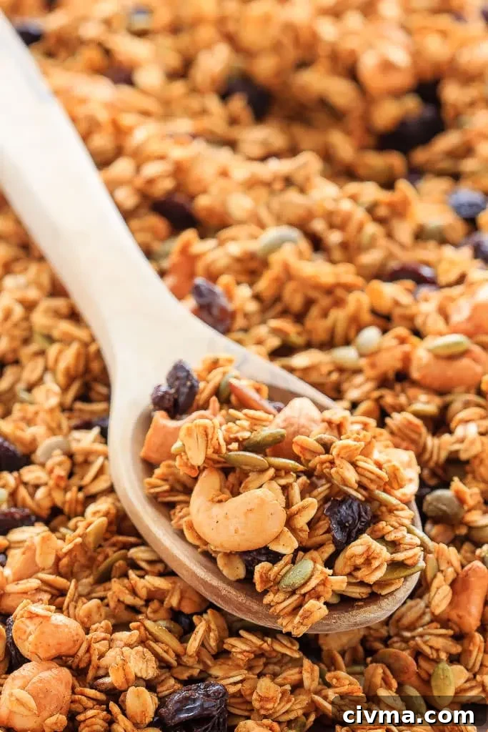 Crunchy homemade pumpkin spice granola with oats, pumpkin seeds, cashews, and raisins.