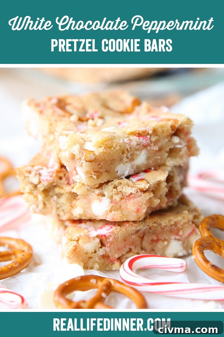 White Chocolate Peppermint Pretzel Cookie Bars 8 Pinterest picture with the text of the title of the recipe at the top.