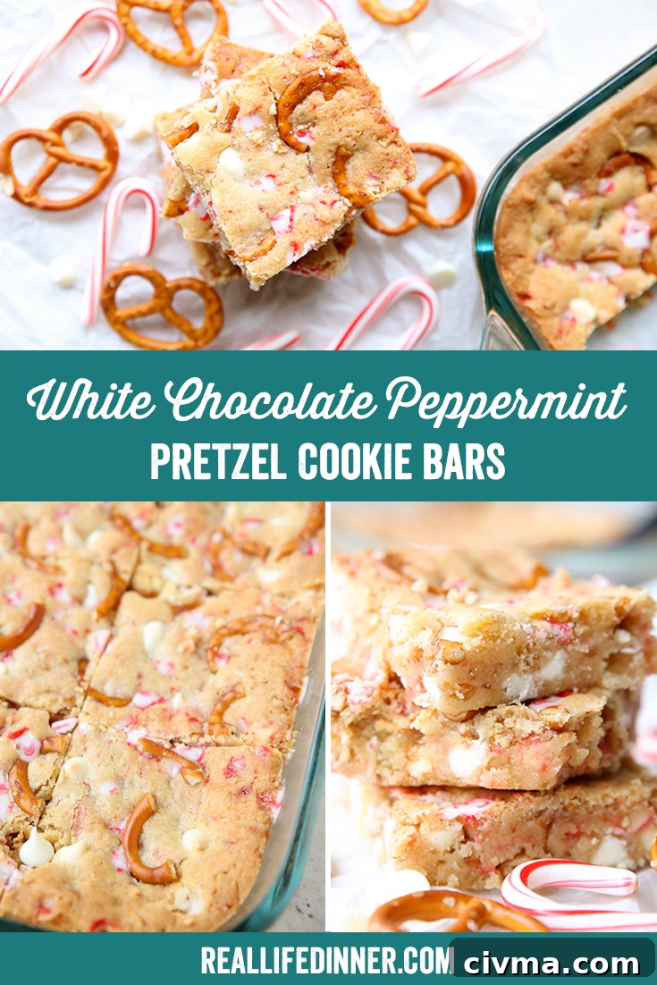 White Chocolate Peppermint Pretzel Cookie Bars 7 Three photo Pinterest picture with the text of the title in the middle separating one photo on top and two on the bottom.