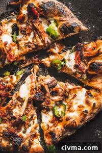 pulled pork pizza sliced close up
