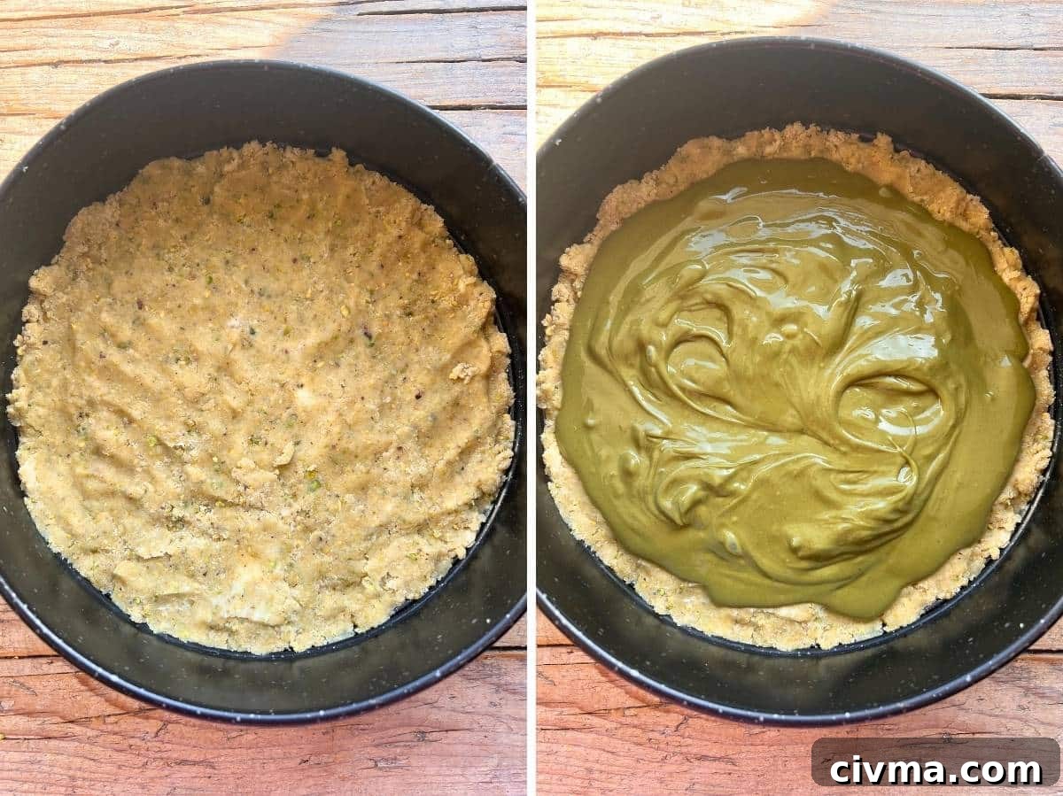 Two photos showing pastry dough in a cake tin topped with pistachio cream,