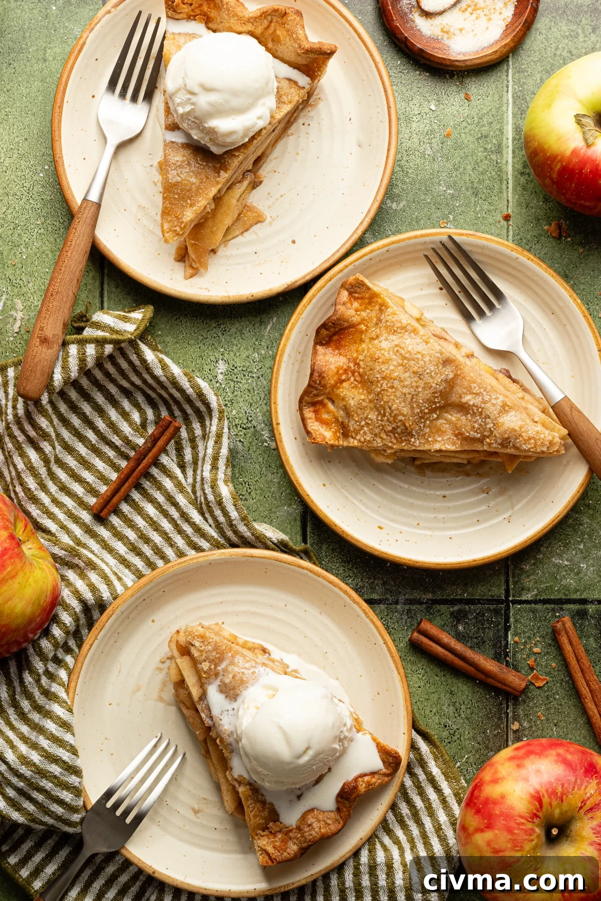 Apple Pie Recipe with Less Sugar and Flaky Crust 14 Slices of apple pie on plates with vanilla ice cream.