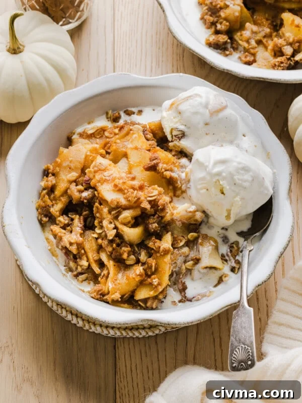 Apple pumpkin crisp with vanilla ice cream in a white bowl.