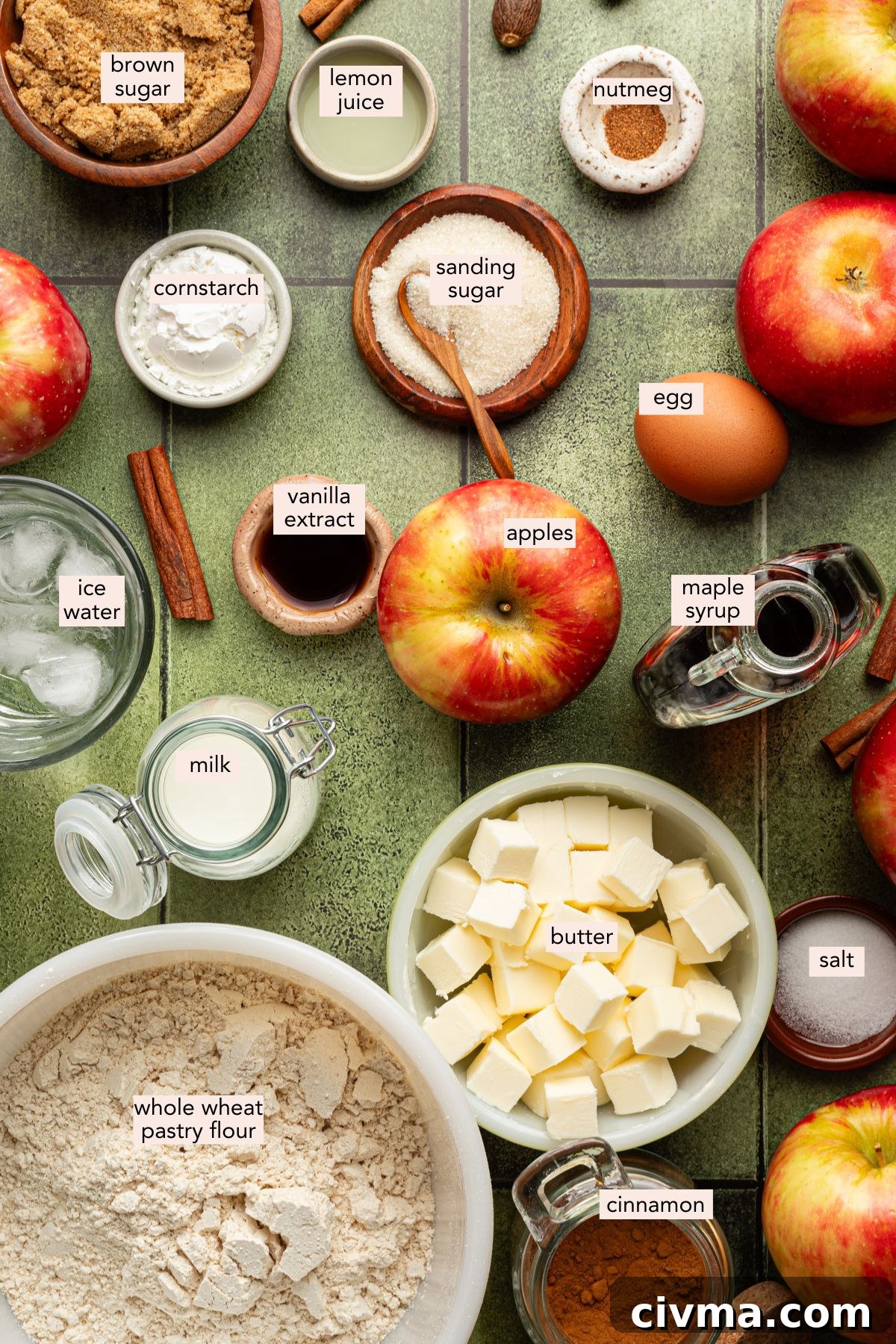 Apple Pie Recipe with Less Sugar and Flaky Crust 4 Healthy apple pie ingredients on a countertop with labels.