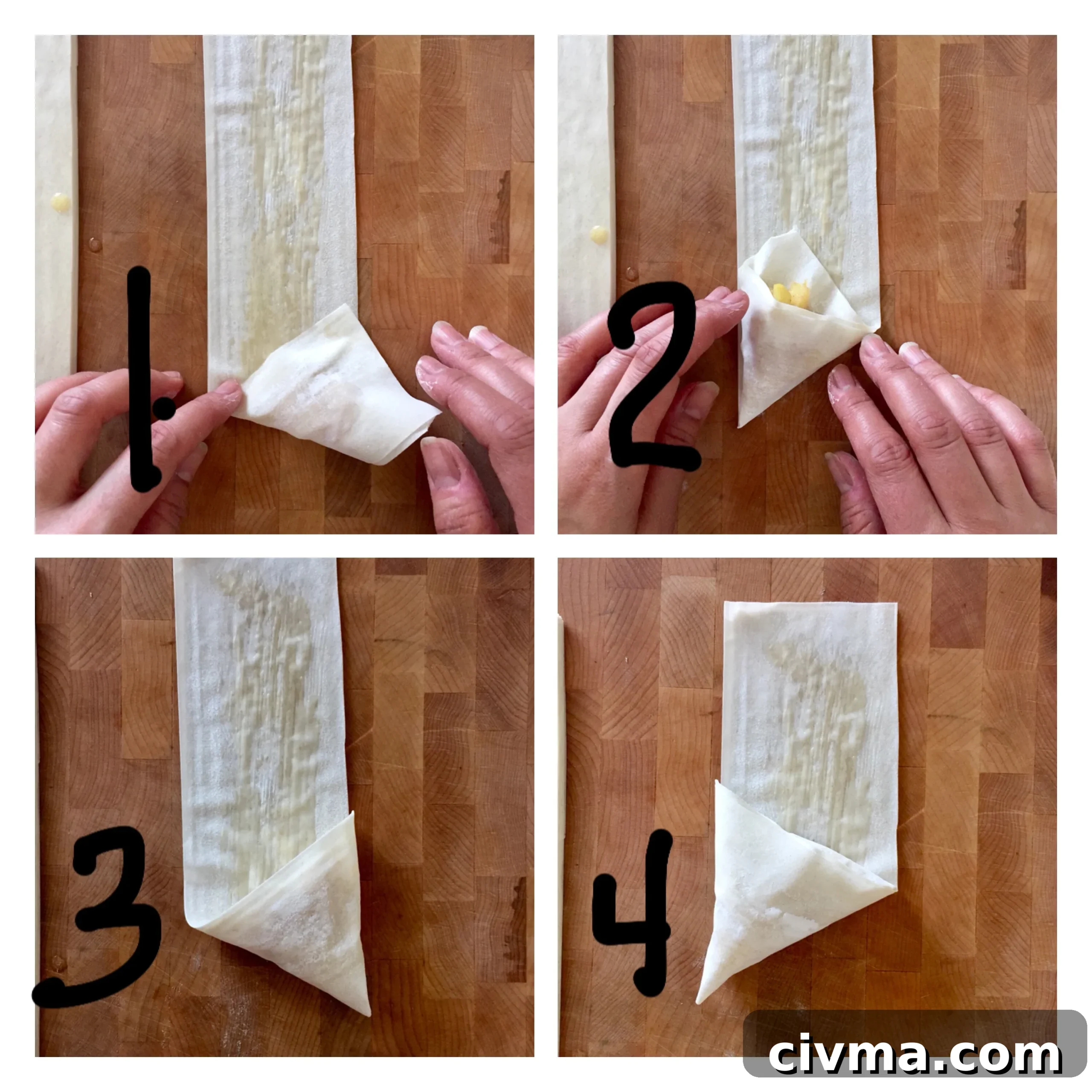 Milopitakia Greek Mini Apple Pies with Phyllo 9 Folding phyllo into triangles for mini apple pies