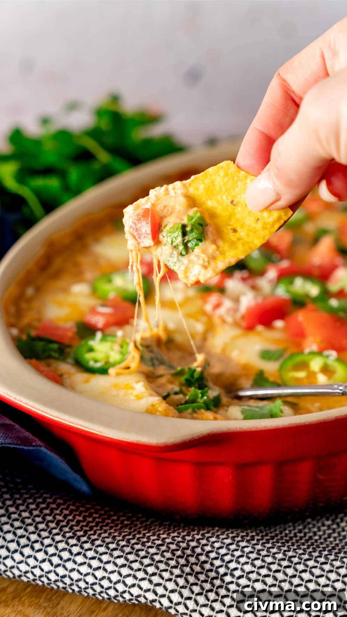 A tortilla chip with hot bean dip topped with tomatoes, cilantro, and jalapenos.