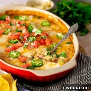 A serving spoon in a baking dish of bean dip.