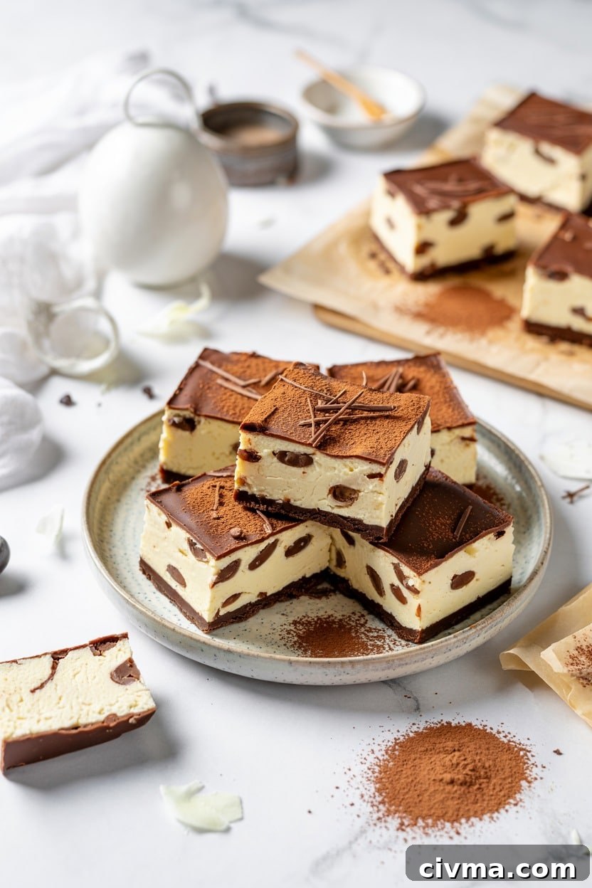 Mint Chocolate Chip Frozen Cheesecake Bars (Delicious Magazine)