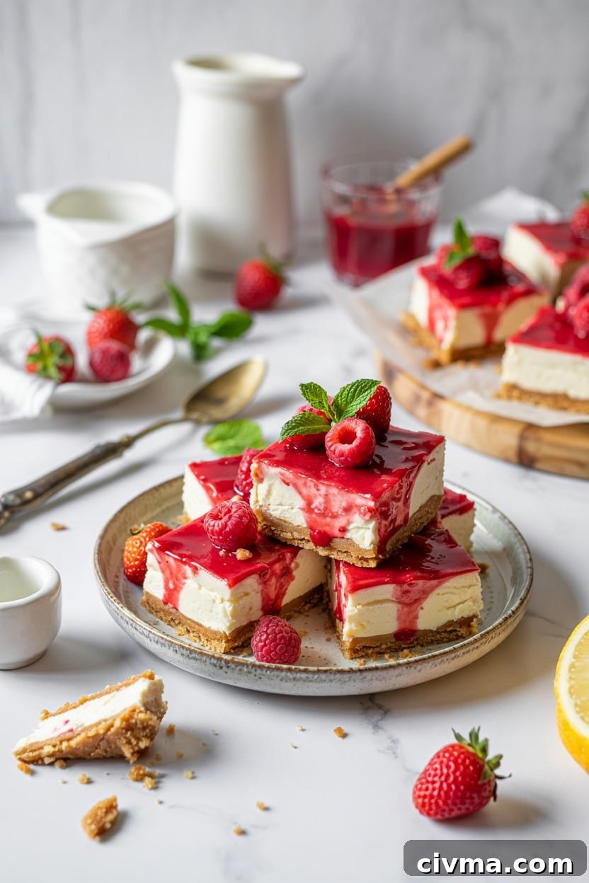 Strawberry Frozen Cheesecake Bars with Raspberry Sauce (Food Network - Giada De Laurentiis)