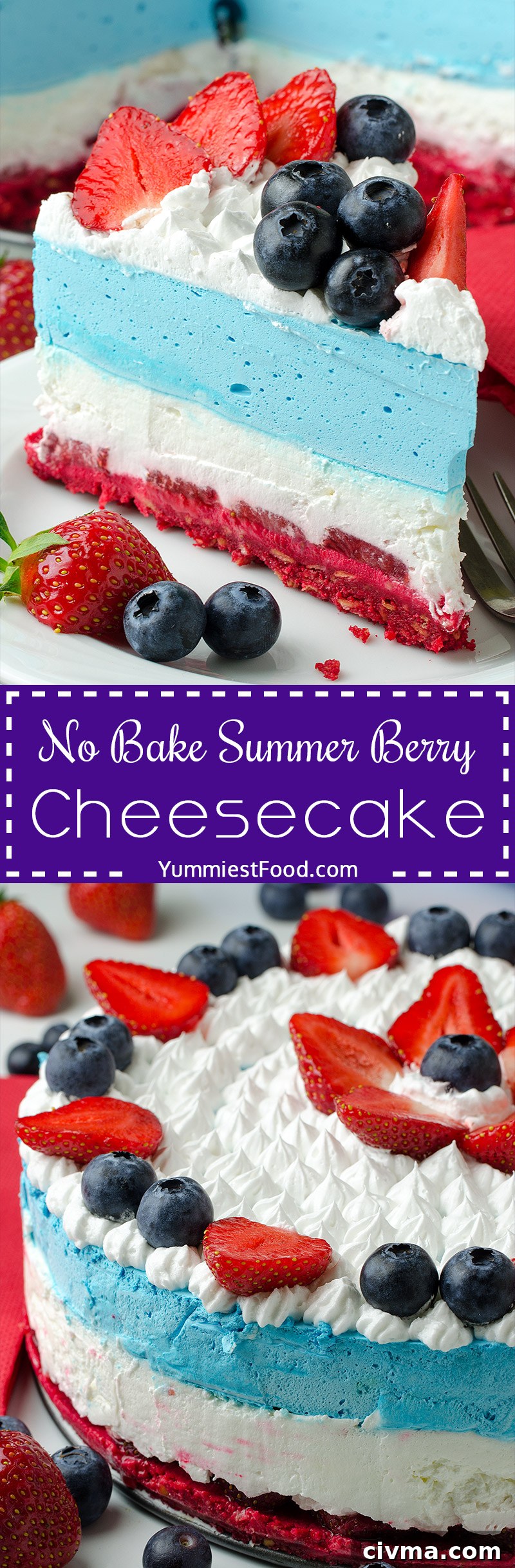 NO BAKE SUMMER BERRY CHEESECAKE - The red, white and blue cake layers make it an awesome 4th of July cake. It's simple, light and full of fresh summer berries.