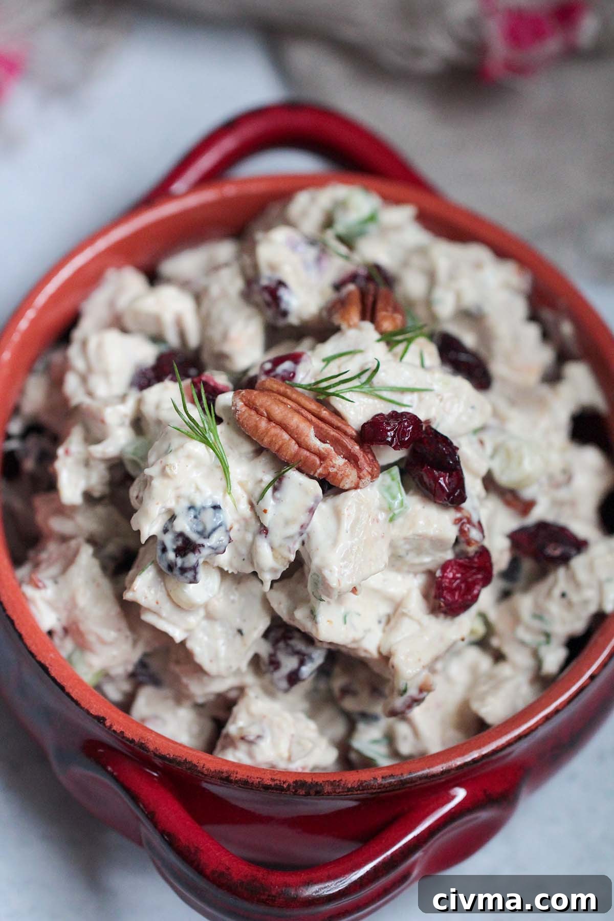 cranberry pecan chicken salad in a red bowl.