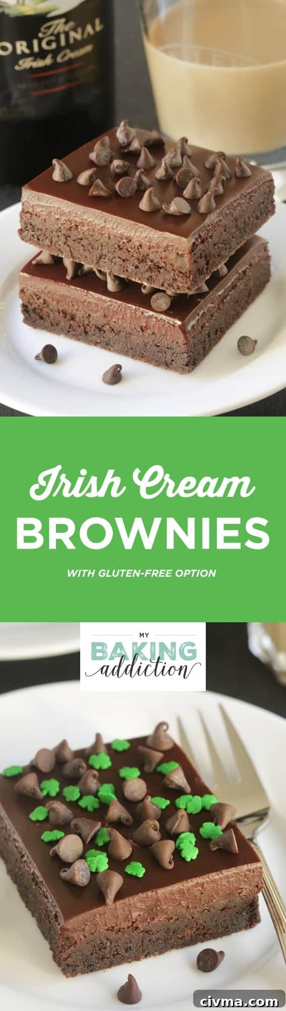 Irish cream brownies are ultra dense and fudgy with a Baileys ganache. Recipe contains a gluten-free option.