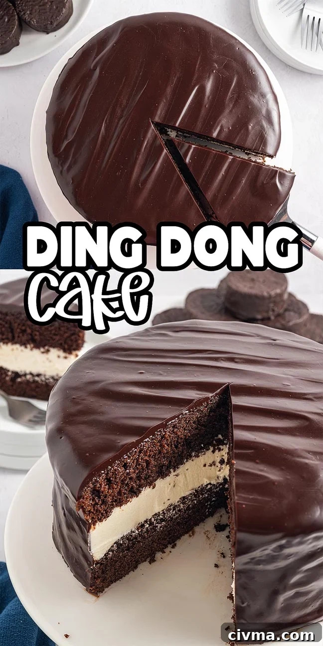 A chocolate Ding Dong Cake with creamy filling, sliced to reveal delicious layers, and "Ding Dong Cake" text overlaid.