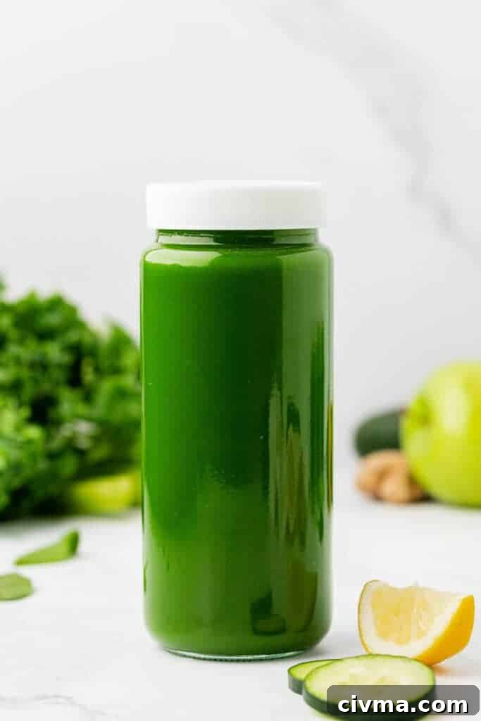 green juice in a jar with a lid