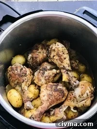 pressure cooked chicken drumsticks and potatoes in instant pot