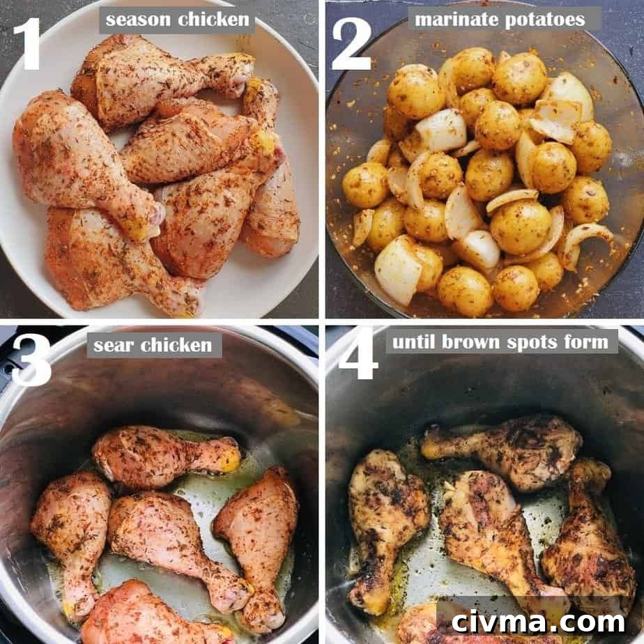 marinated chicken drumsticks and baby potatoes and searing the chicken