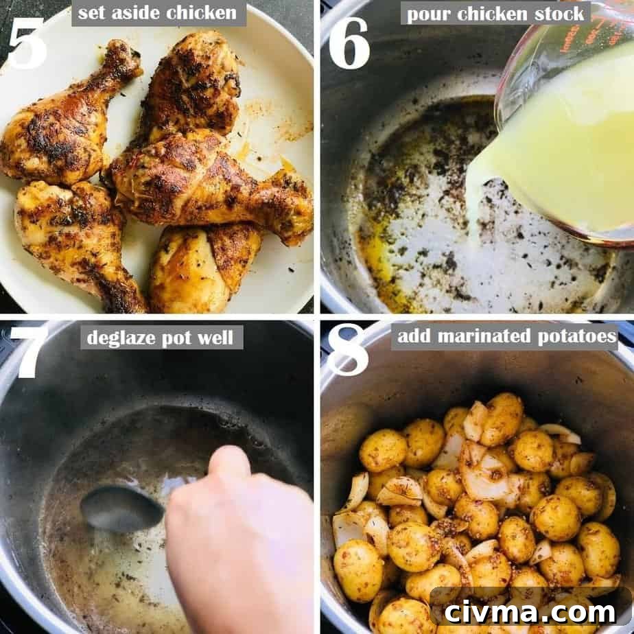 de-glazing pot with a steel ladle and layering the marinated baby potatoes