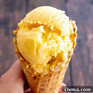 Creamy Mango Coconut Ice Cream Recipe 15 mango coconut ice cream on a waffle cone