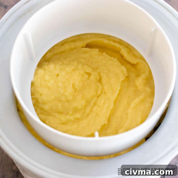 Creamy Mango Coconut Ice Cream Recipe 8 close up on machine with churning blade