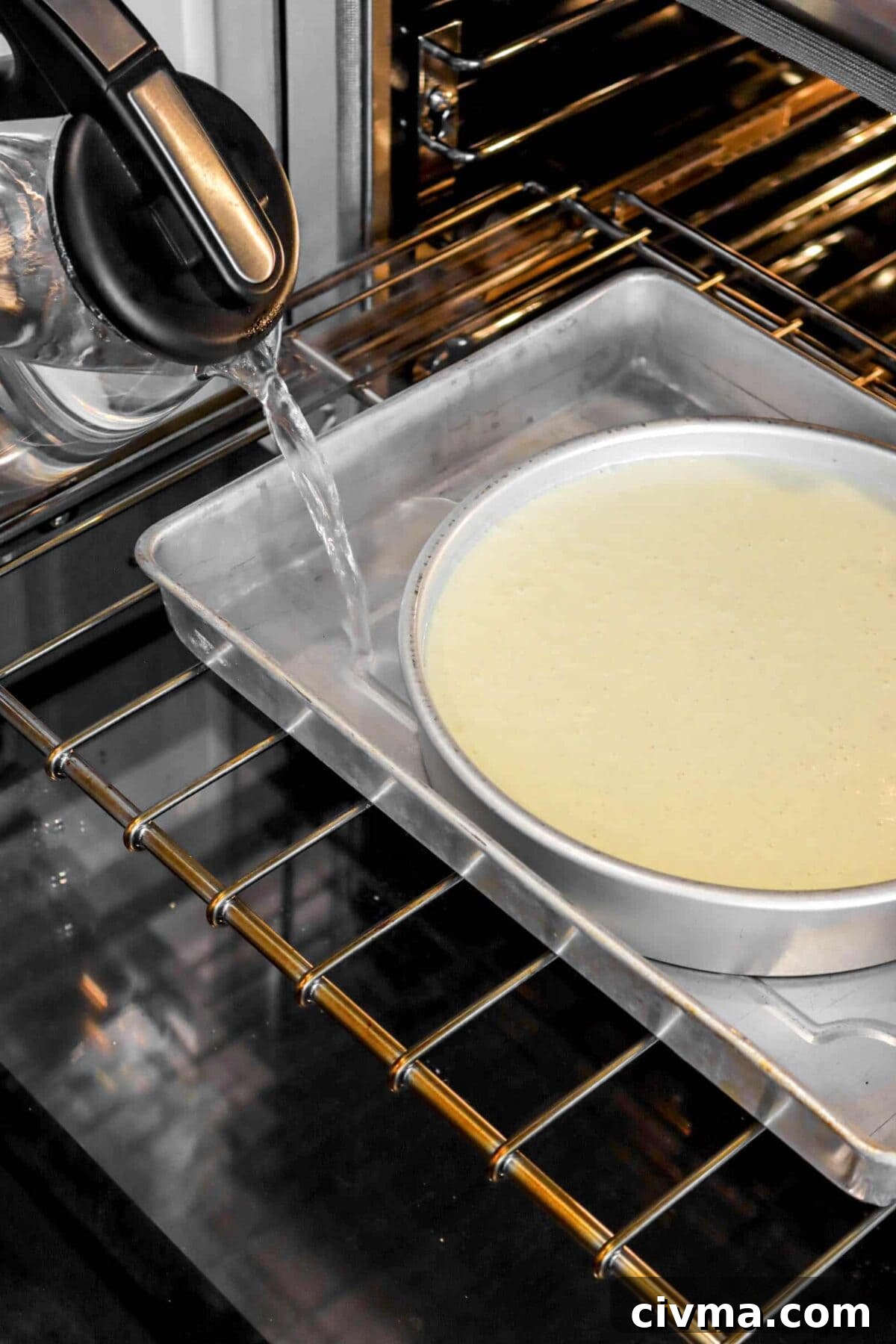 hot water being poured into cake pan in oven