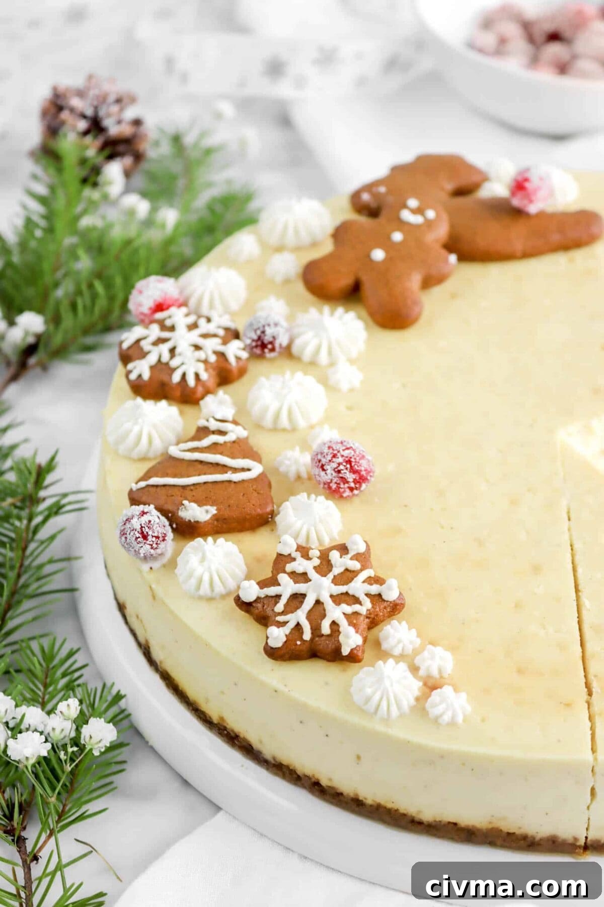 close up of eggnog cheesecake with gingerbread cookies, eggnog whipped cream, and cranberries on top