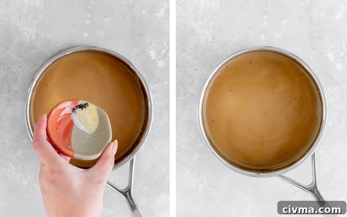 Set of two photos showing seasoning added to a pot of gravy.