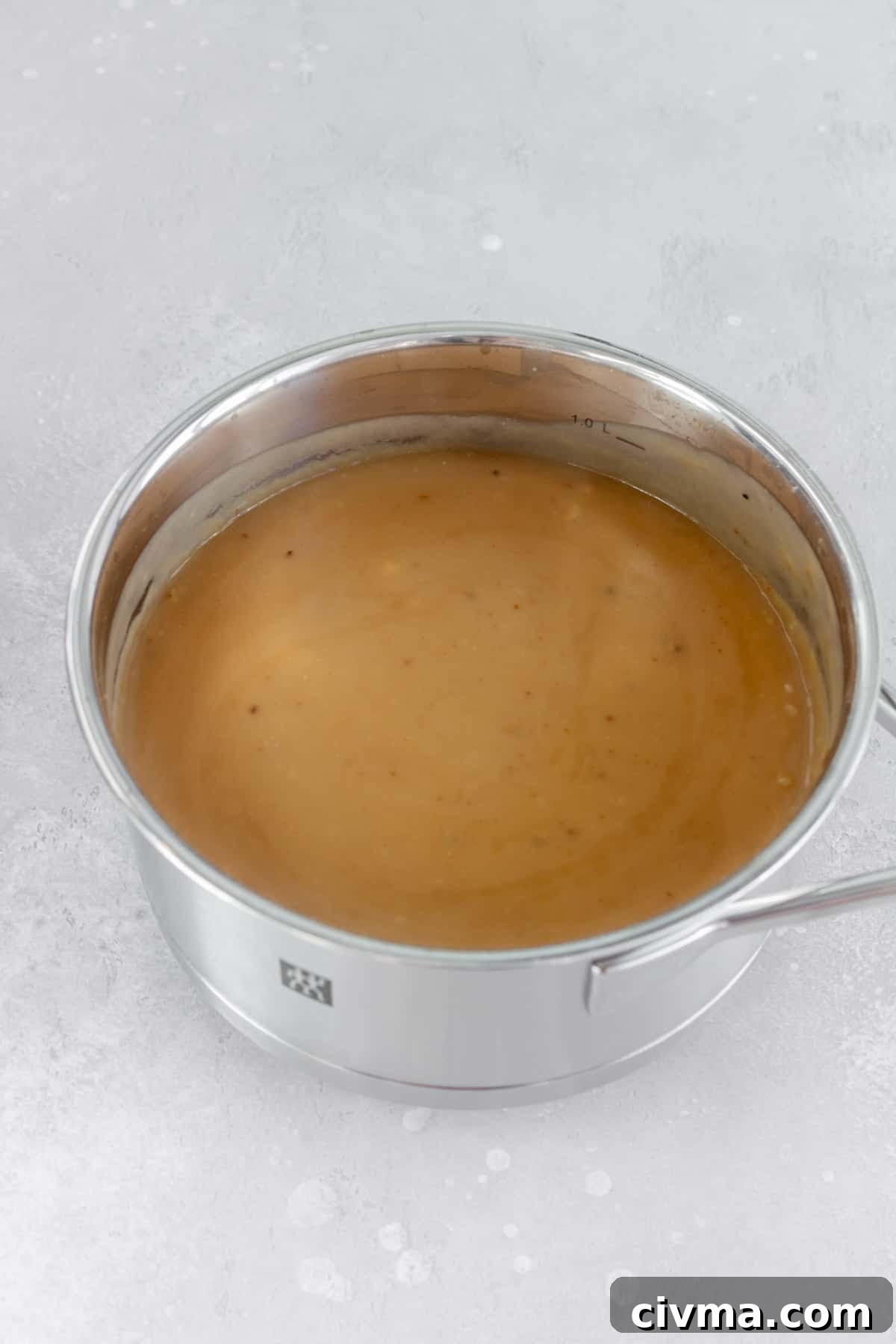 A pot of brown gravy made without drippings.