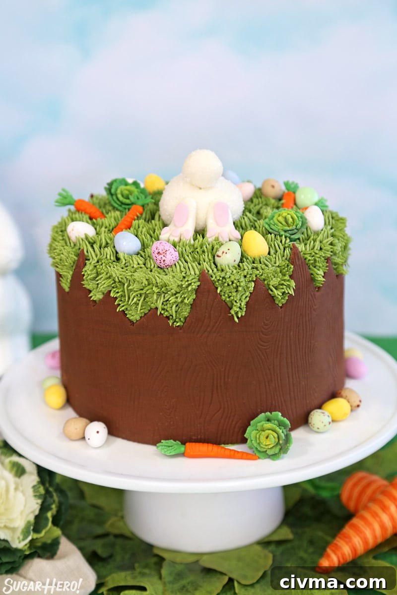 Chocolate Easter Bunny Cake on a white cake stand with fondant decorations and chocolate eggs around the base