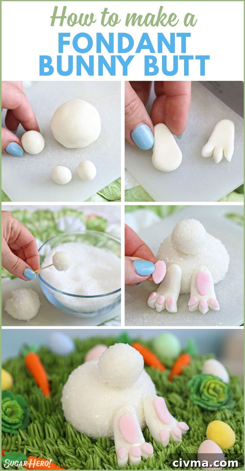 Five-part instructional collage showing how to make a bunny butt out of fondant and sparkling sugar