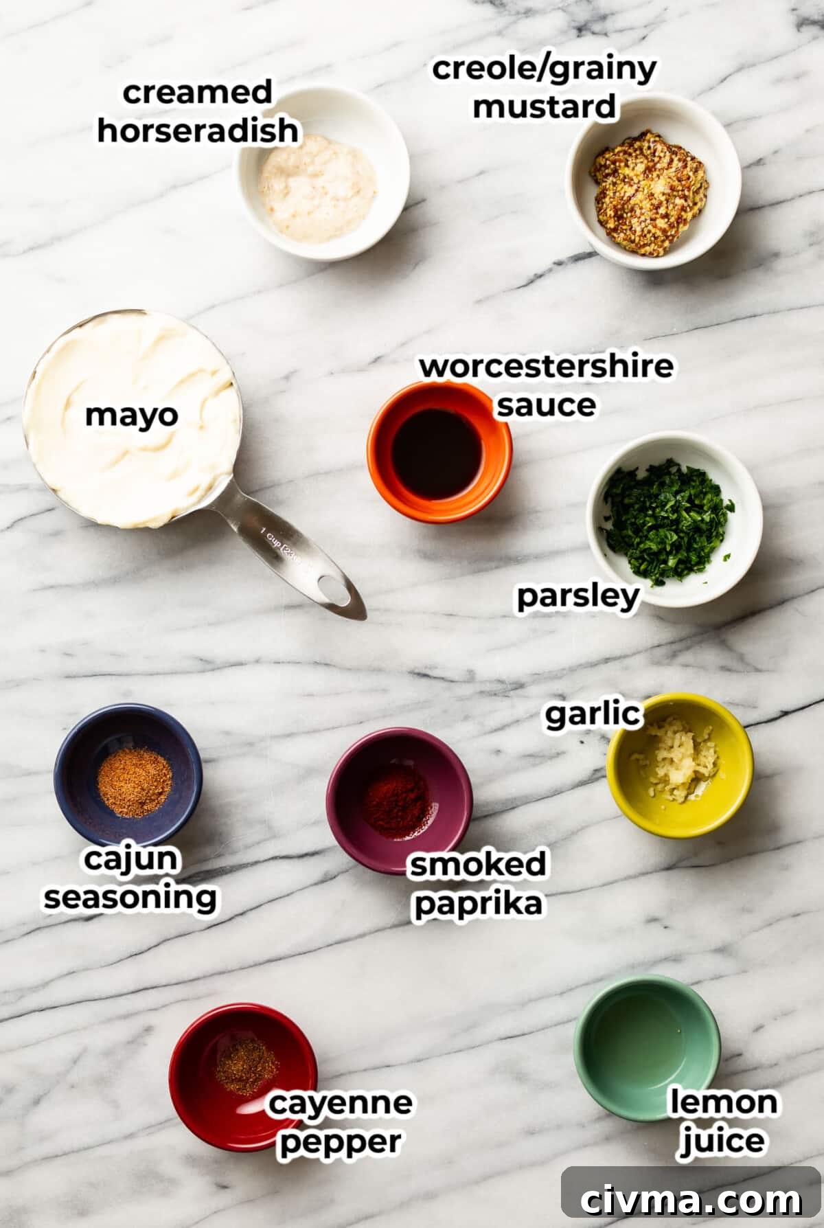 ingredients for remoulade sauce in prep bowls