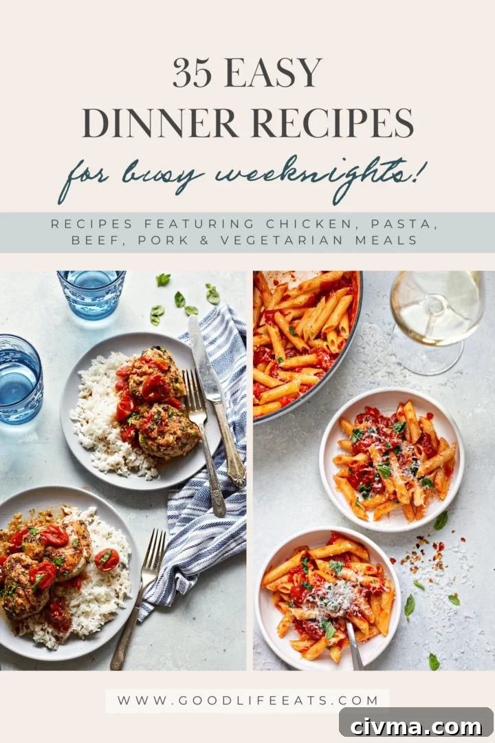 Overhead shot of herbed chicken with rice and cherry tomatoes, and bowls of penne pasta in tomato sauce. Text overlay reads '35 Easy Dinner Recipes for Busy Weeknights'—a collection of simple meals for busy weeknights.