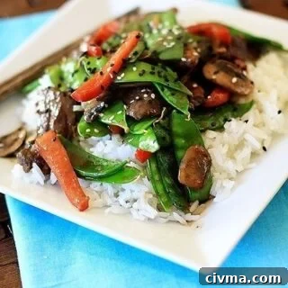 Gingered Skirt Steak with Snow Peas, Mushrooms, and Peppers