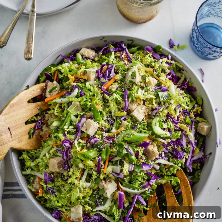 overhead photo bowl of asian chicken salad with wooden salad tongs