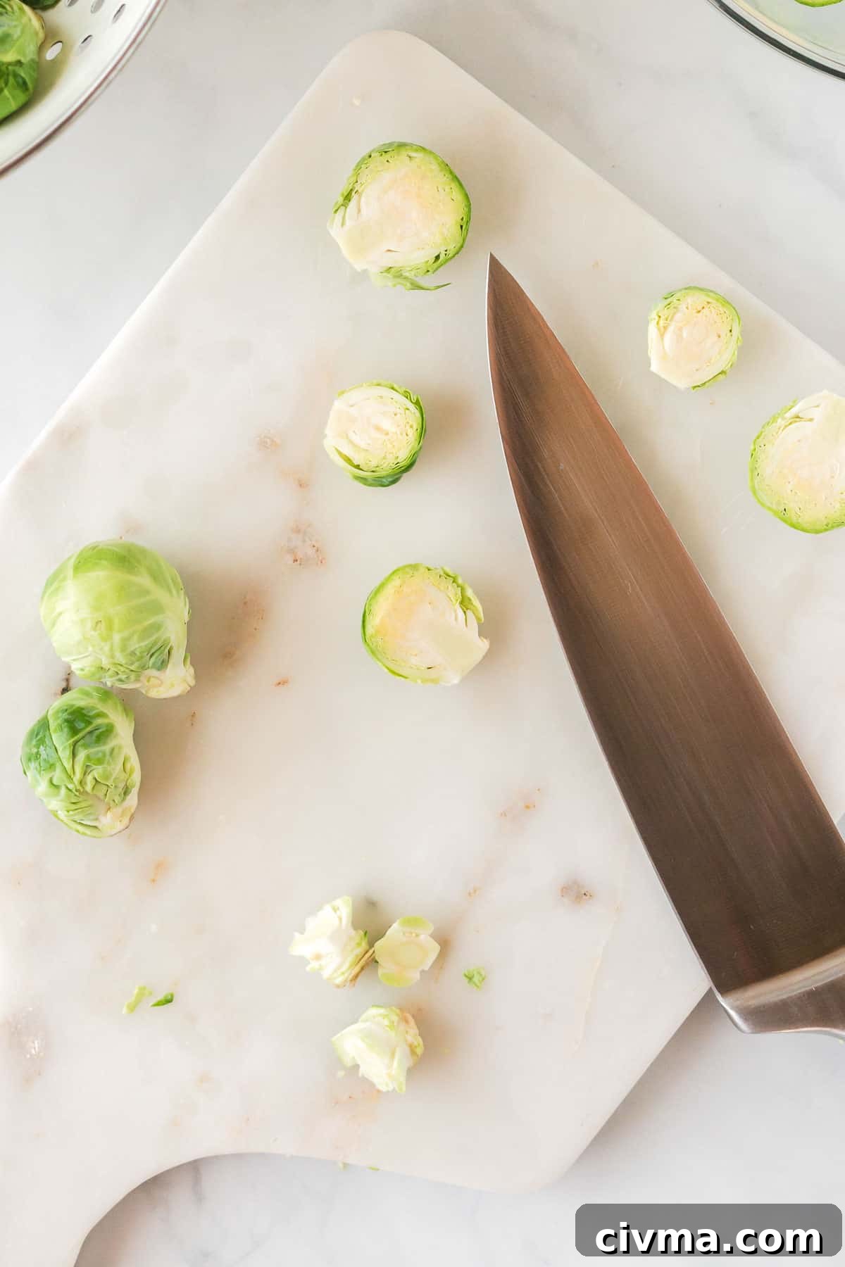 cutting brussels sprouts in half