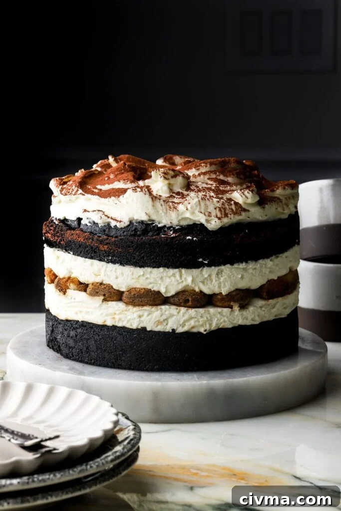 chocolate tiramisu cake with a plate and mugs next to it