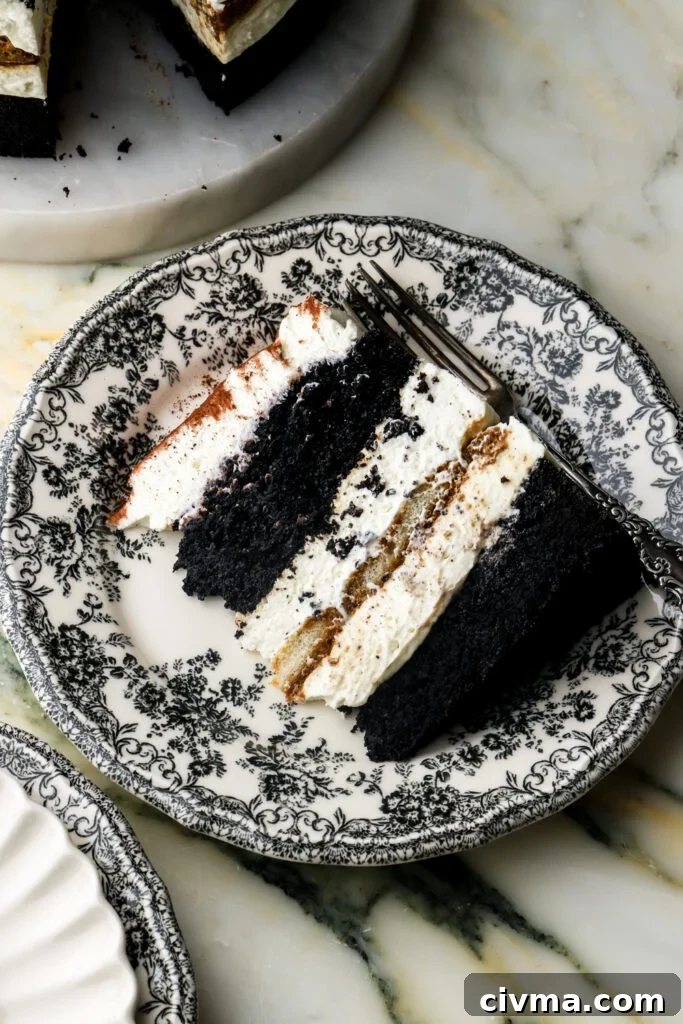 slice of chocolate tiramisu cake on a plate
