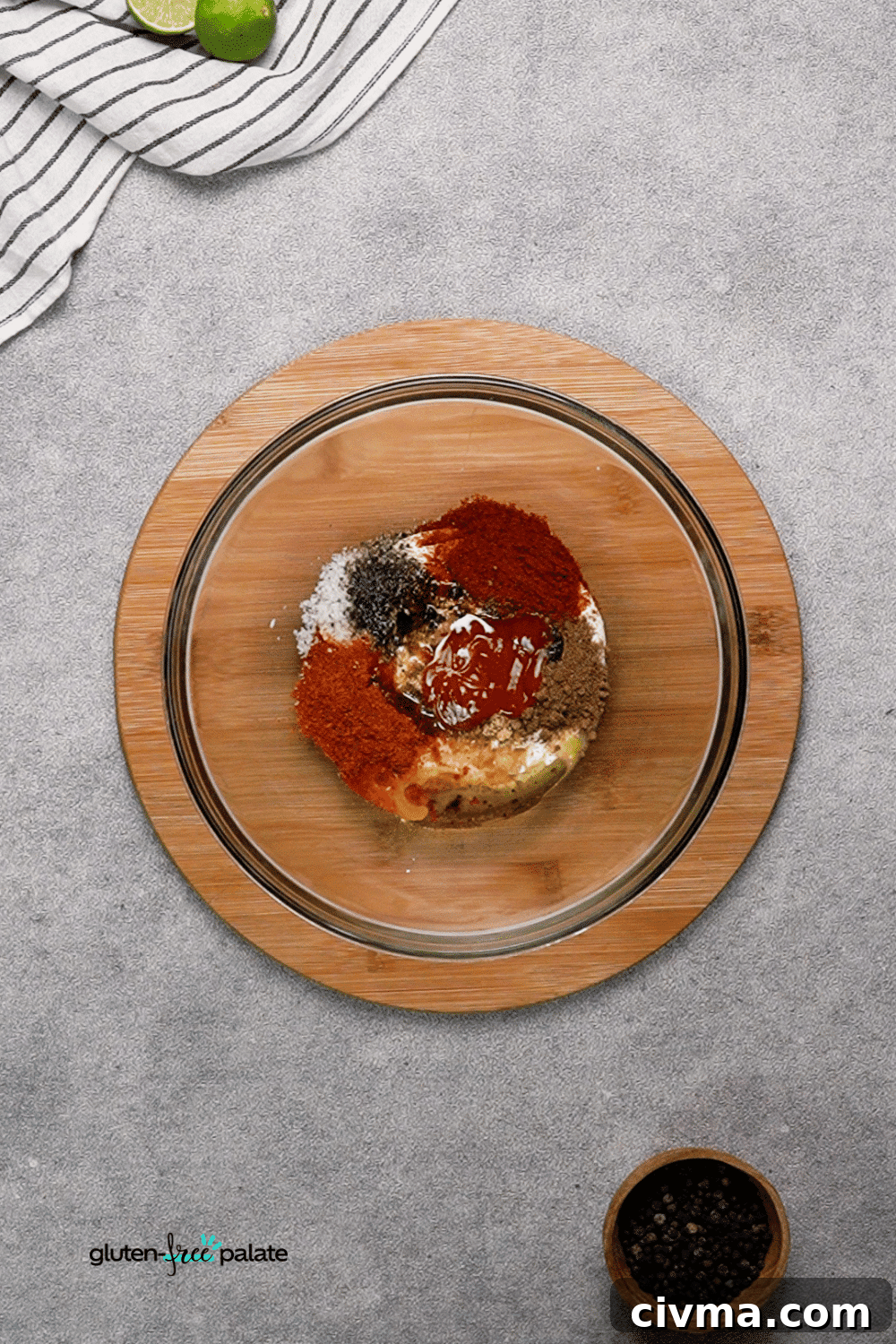 The first step for my gluten-free tandoori chicken: add the marinade ingredients to your mixing bowl.