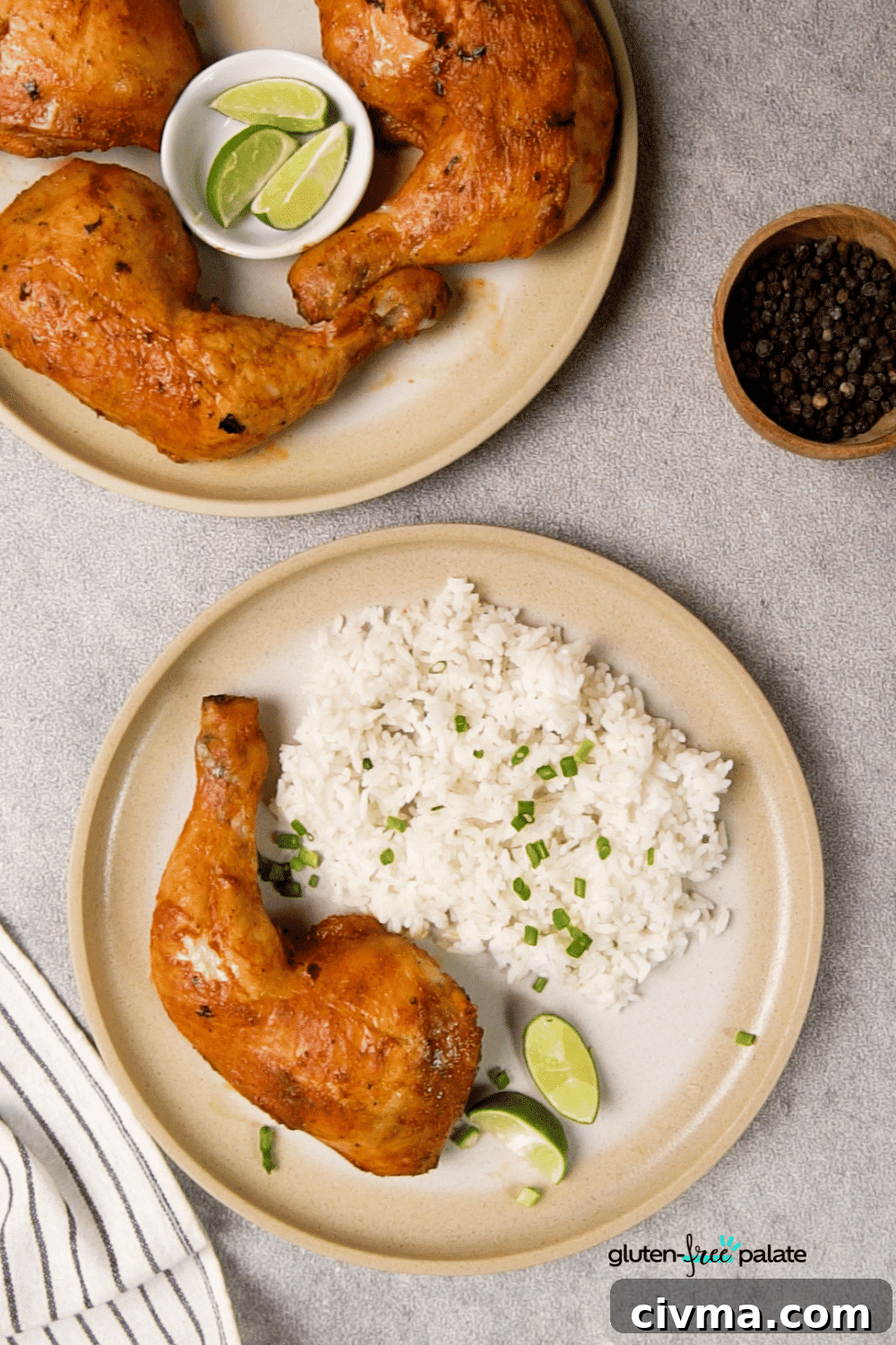 Garnish the baked tandoori chicken with chives and serve with rice or naan bread.