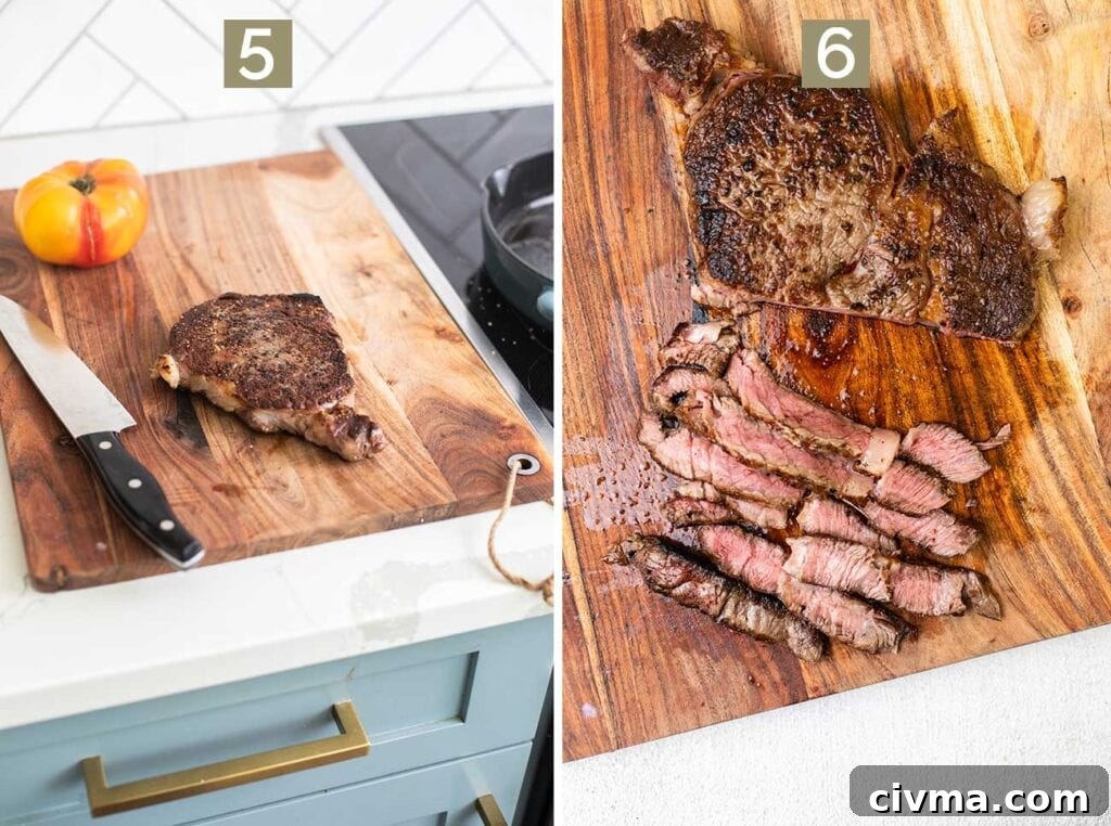A photo of a steak resting on a cutting board, and then being thinly sliced.