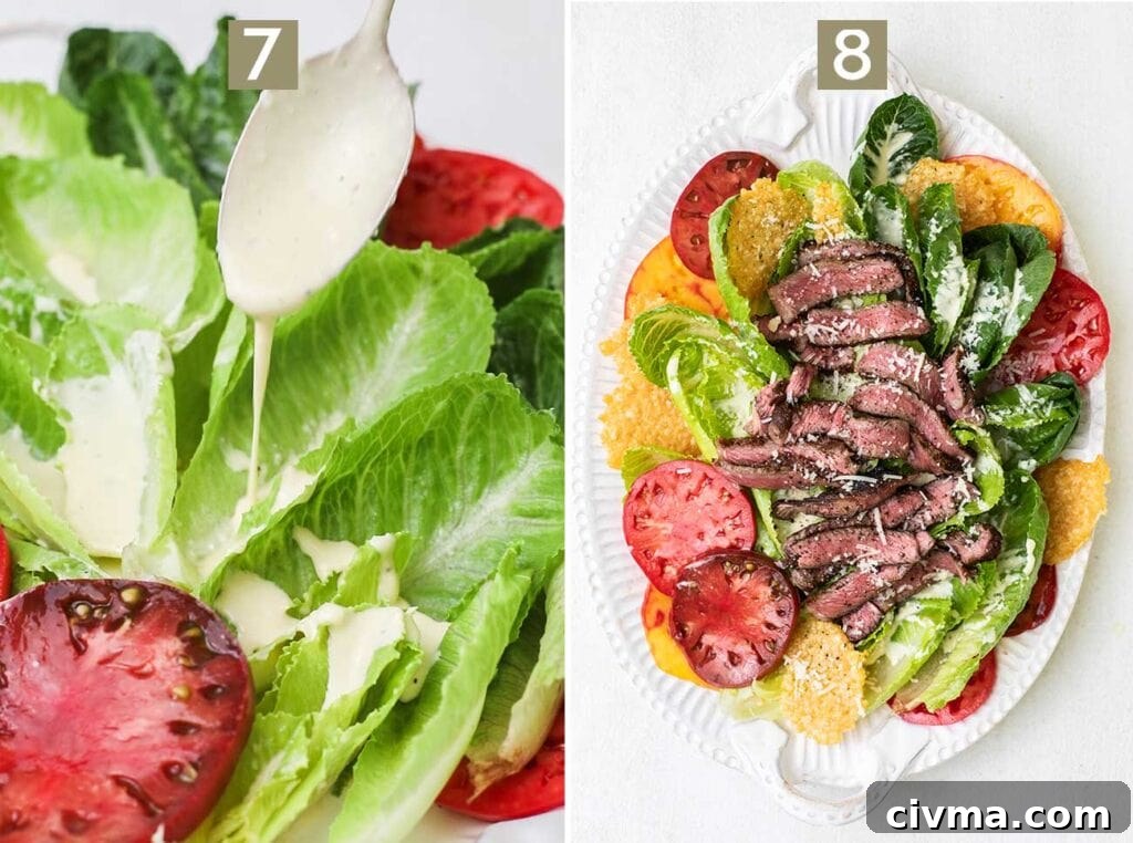 Drizzling the romaine with creamy caesar dressing, and then topping the lettuce with sliced steak.