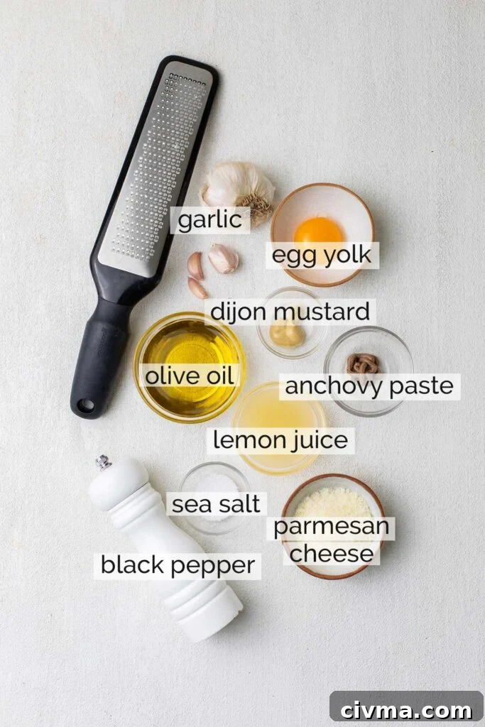 The ingredients needed for a homemade caesar dressing.