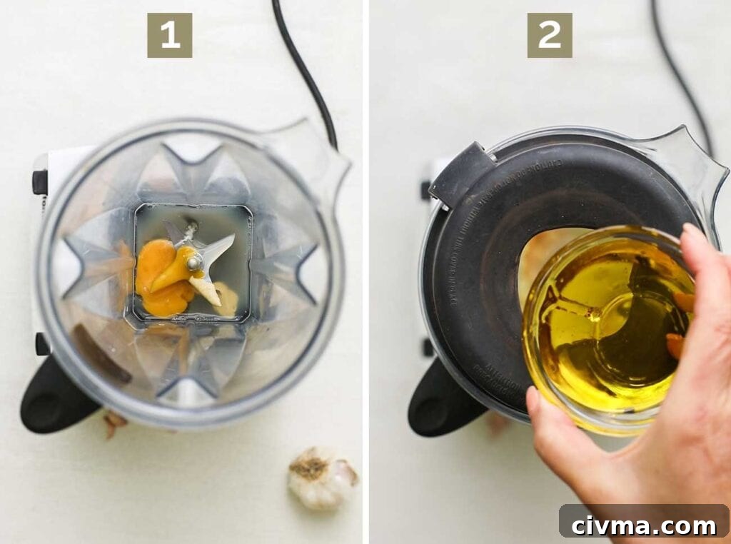 Steps 1 and 2 shows how to emulsify a caesar salad dressing.