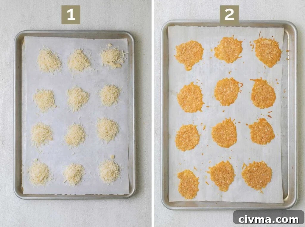 Step 1 shows placing tablespoons of parmesan cheese on a baking tray, and step 2 shows baking them until lightly browned.